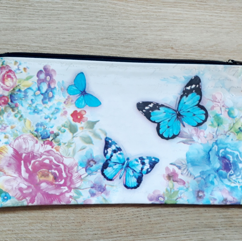3 Floral Butterfly Cosmetic Travel Pouch with Wristlet Strap - Picture 4 of 12